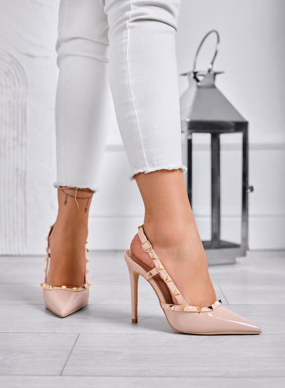 KIMM - Zapatos de Tacón Altos Slingback Nude con Tachuelas Doradas