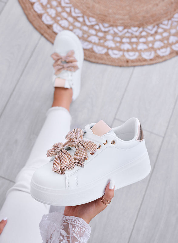 DEZZY - Zapatillas blancas con lazos de strass en oro rosa