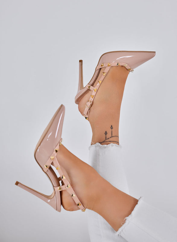 KIMM - Zapatos de Tacón Altos Slingback Nude con Tachuelas Doradas