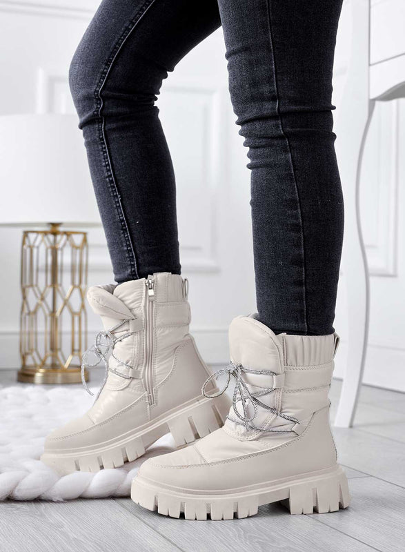 TINA - Botines beige acolchados con cordones de strass