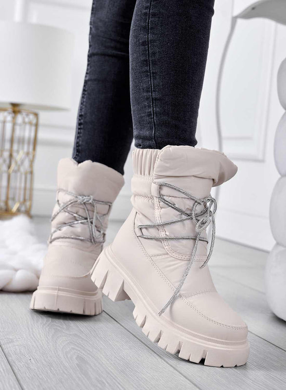 TINA - Botines beige acolchados con cordones de strass