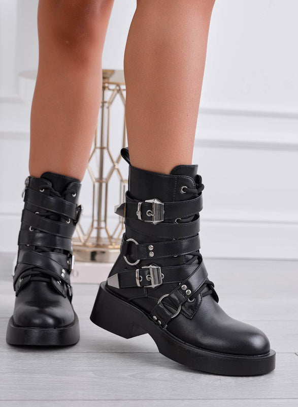 JENNA - Botines biker negros con hebillas