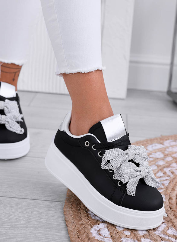 DEZZY - Zapatillas negras con lazos de strass plateados