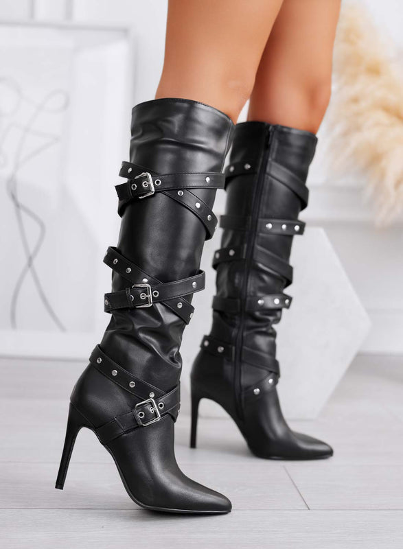 MIXY - Botines de tacón negros en cuero sintético con cordones envolventes