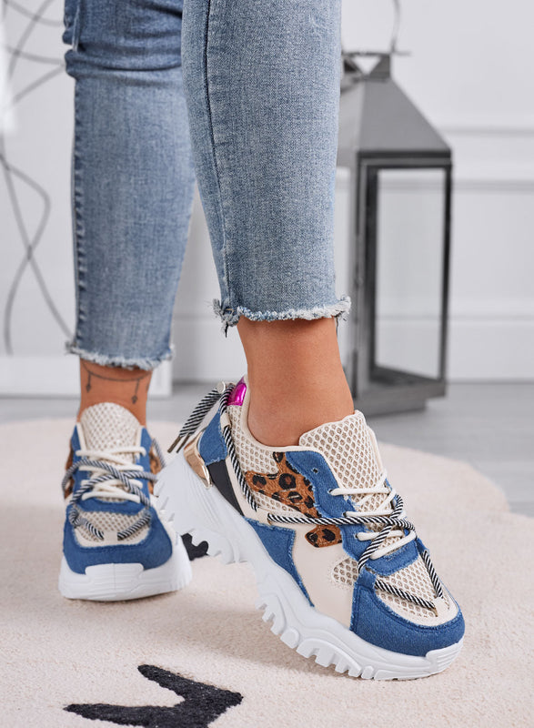 AMANDA - Zapatillas chunky azul jeans con detalles animal print
