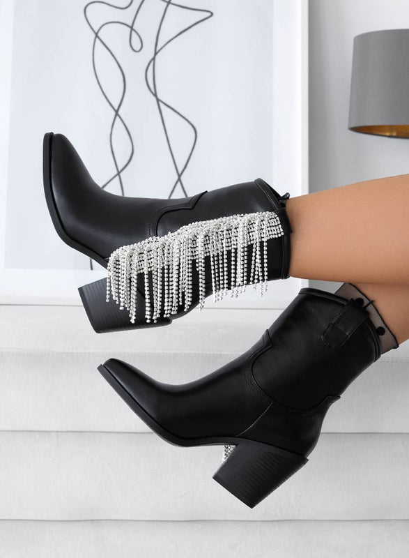 ROSE - Botines camperos negros con flecos joya