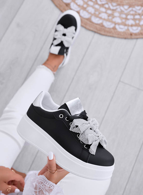 DEZZY - Zapatillas negras con lazos de strass plateados
