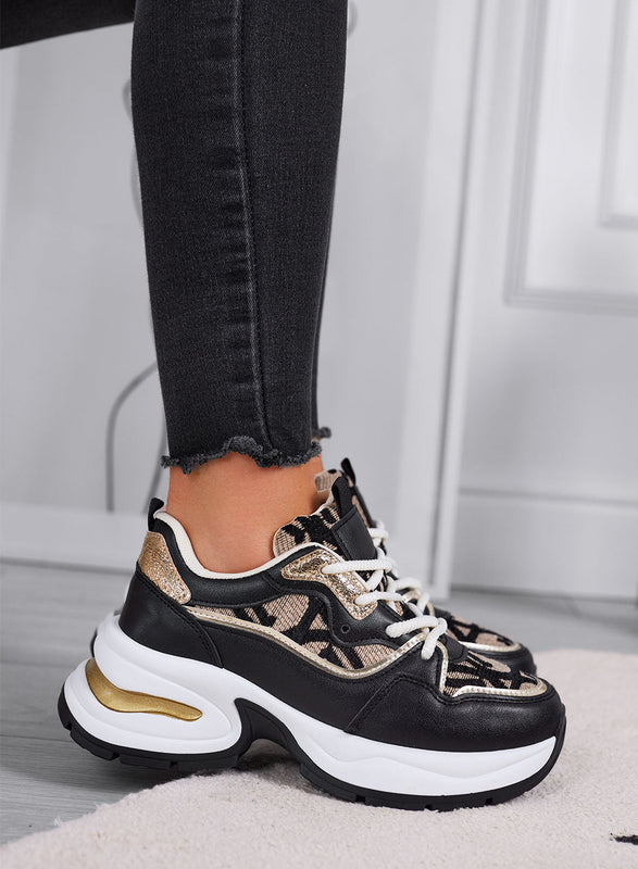 ENEA - Zapatillas negras y beige con trama monograma y detalles dorados