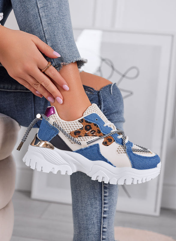 AMANDA - Zapatillas chunky azul jeans con detalles animal print