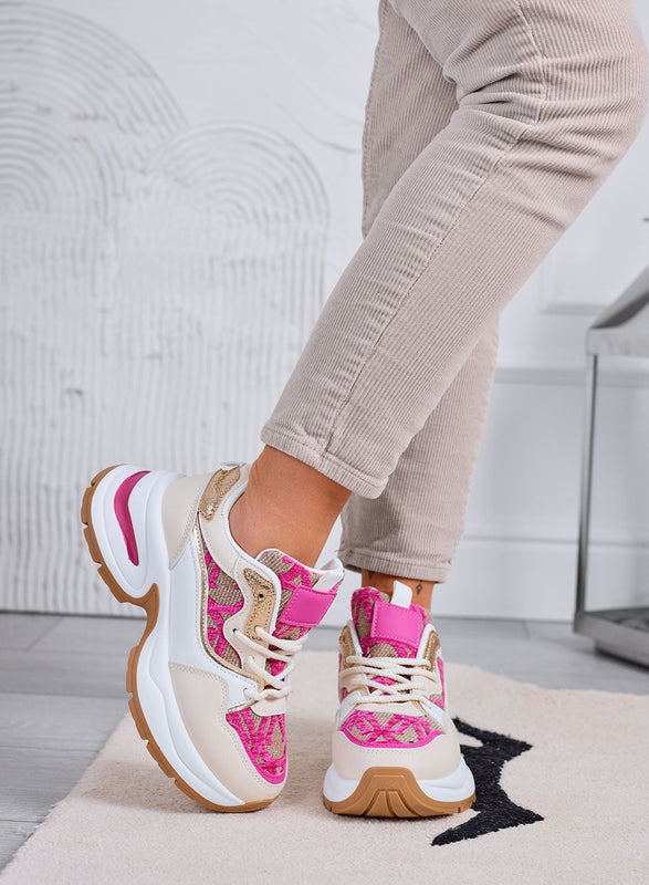 ENEA - Zapatillas beige con inserciones de tela fucsia