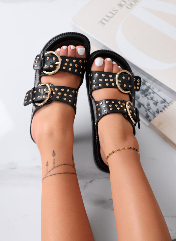 TRESY - Sandalias con plataforma negras con tachuelas y hebillas doradas