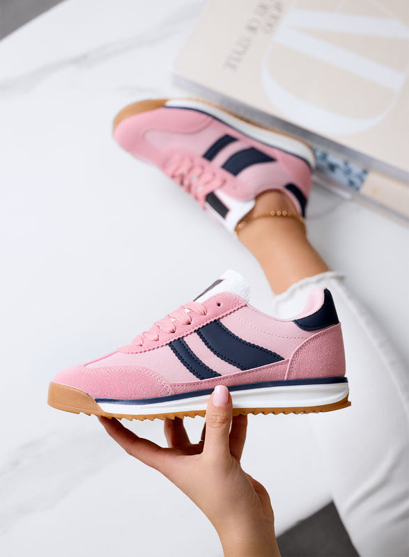 JUNO - Zapatillas rosas de tela con detalles azul marino y suela de goma