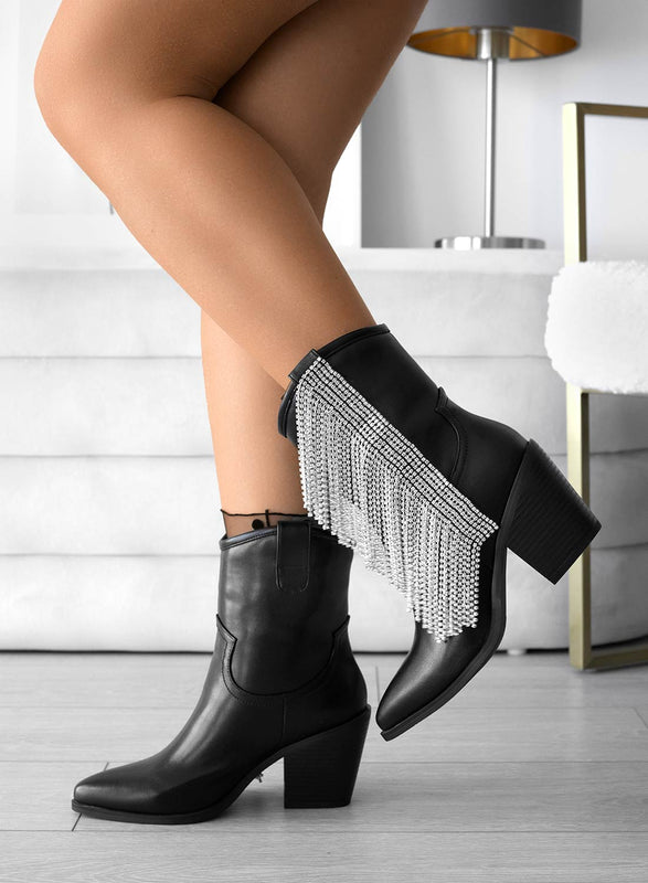 ROSE - Botines camperos negros con flecos joya