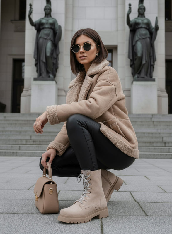 MOIRA - Botines anfibios Alexoo beige con cordones y lengüeta joya