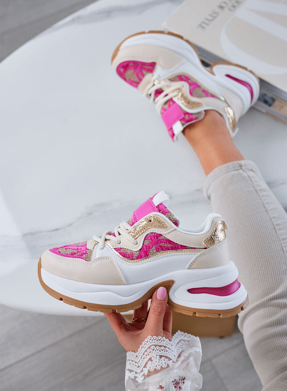 ENEA - Zapatillas beige con inserciones de tela fucsia