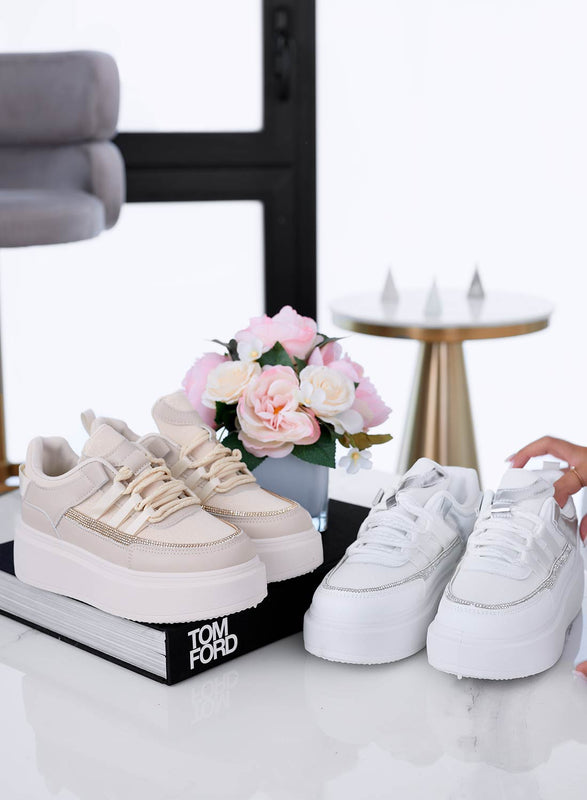 SUSAN - Deportivas beige con banda de strass dorada