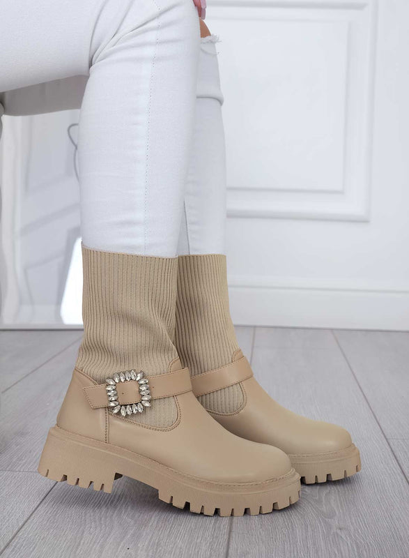 MINERVA - Botines beige de tejido con hebilla joya