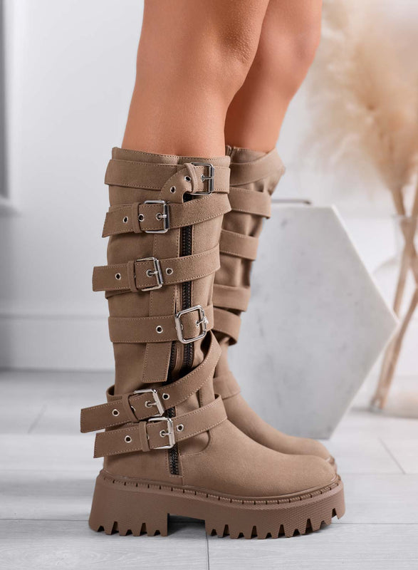 PEYTON - Botines de estilo biker en color fango con hebillas