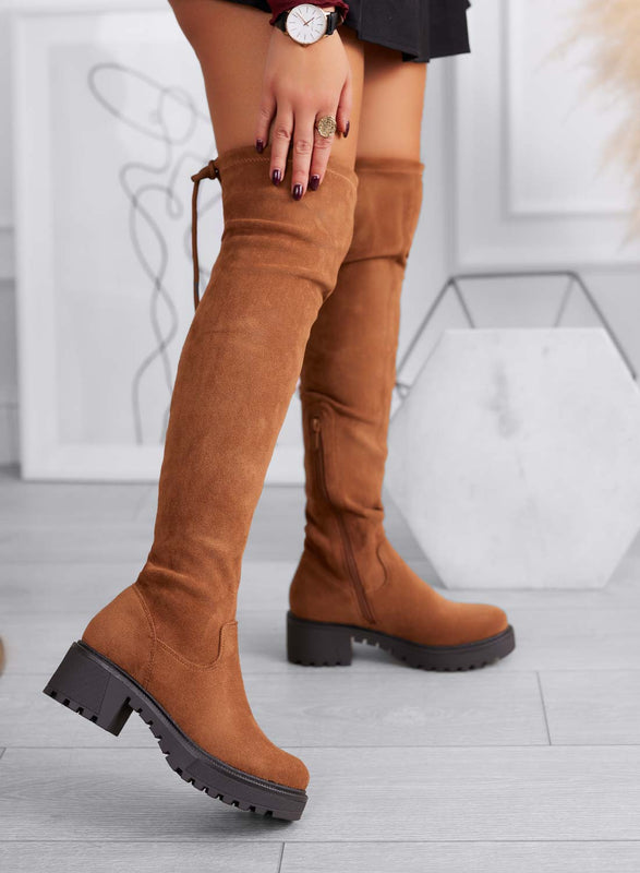 FLUX - Botas de mujer camel de ante hasta el muslo con suela chunky