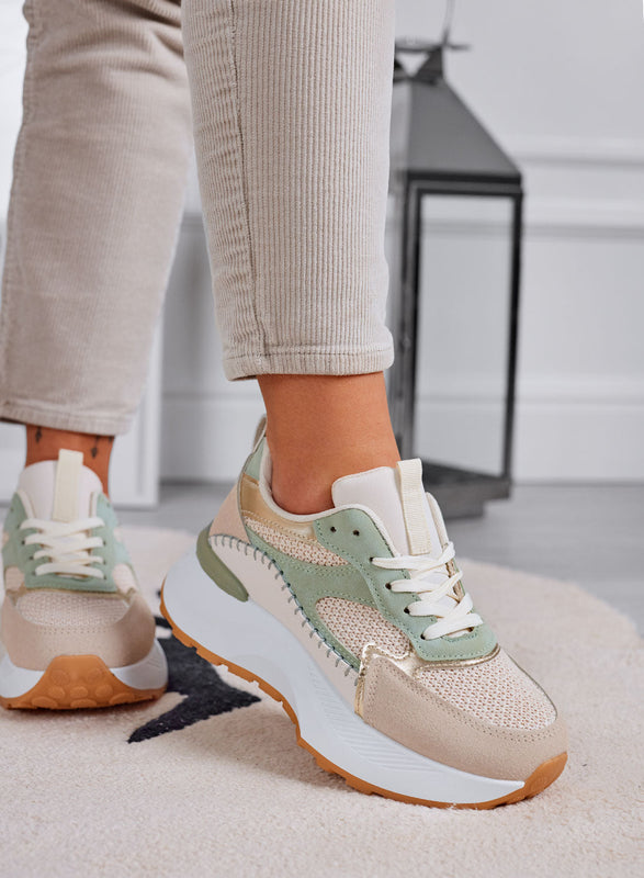 IRIS - Zapatillas verdes con insertos en tejido beige
