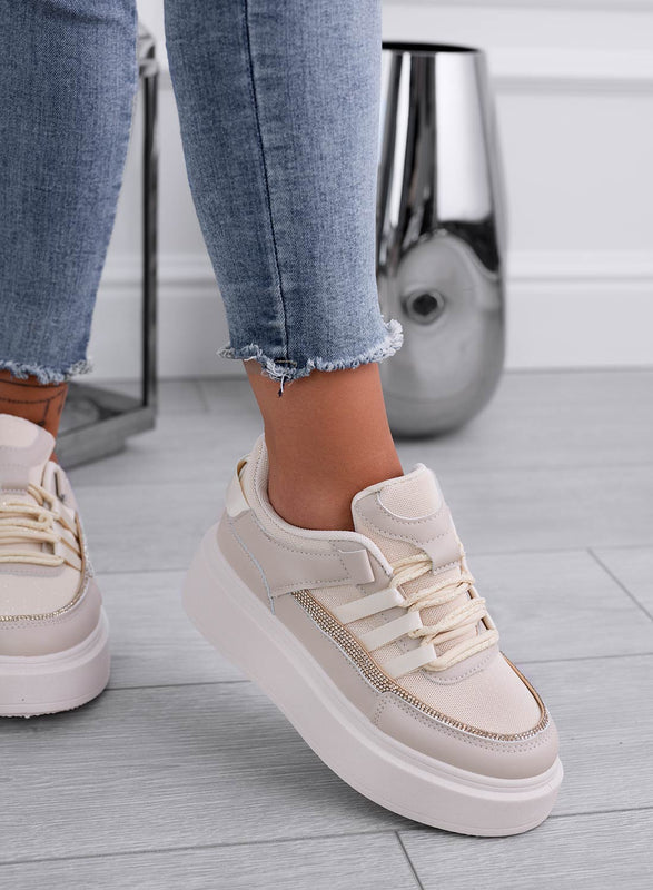 SUSAN - Deportivas beige con banda de strass dorada