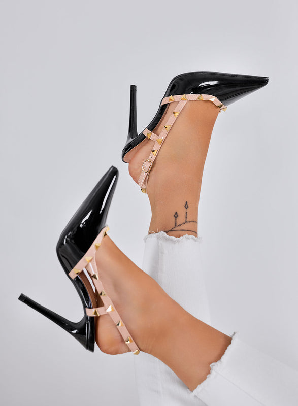 KIMM - Zapatos de Tacón Altos Slingback Negros de Charol con Tachuelas Doradas