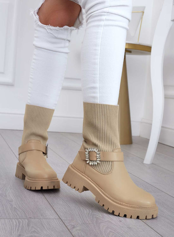 MINERVA - Botines beige de tejido con hebilla joya