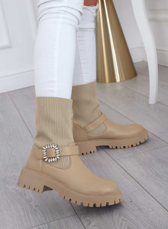 MINERVA - Botines beige de tejido con hebilla joya