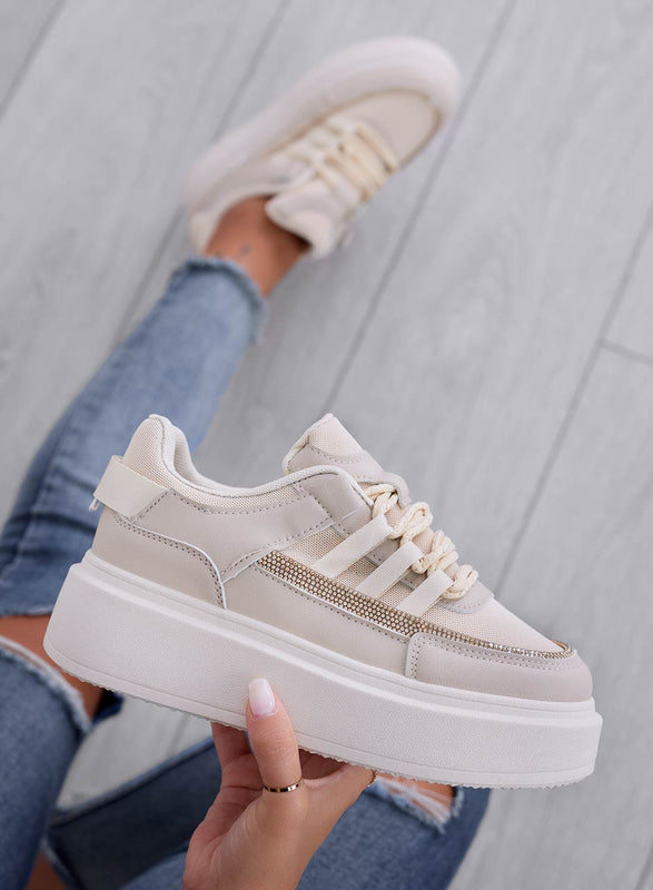 SUSAN - Deportivas beige con banda de strass dorada