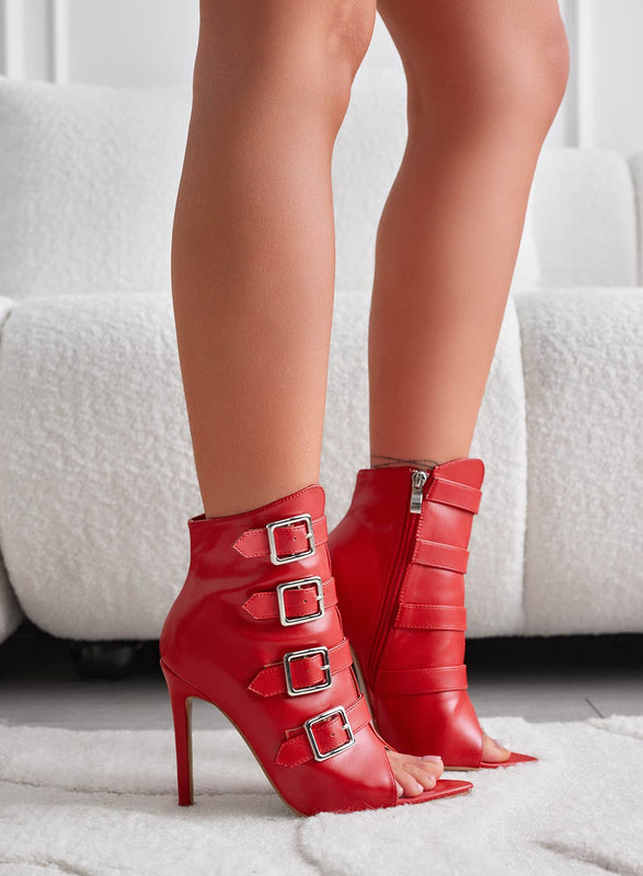 MIRELLA - Botines peep toe rojos con hebillas y tacón alto