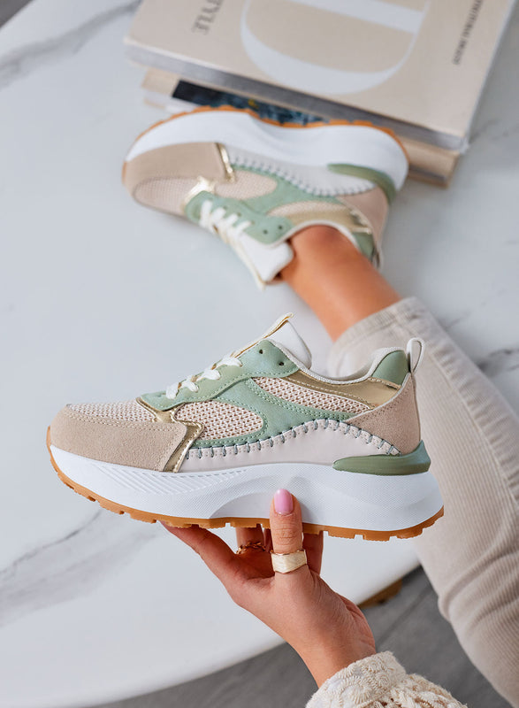 IRIS - Zapatillas verdes con insertos en tejido beige