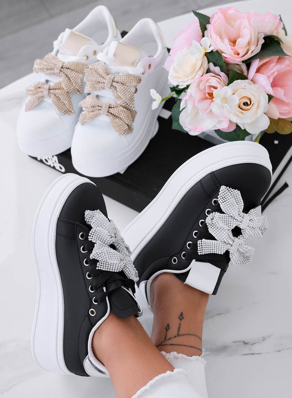 DEZZY - Zapatillas negras con lazos de strass plateados
