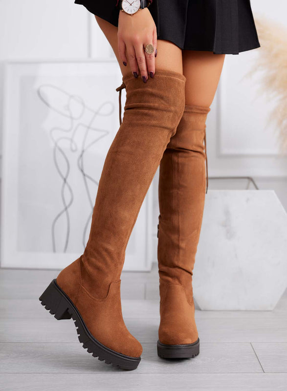 FLUX - Botas de mujer camel de ante hasta el muslo con suela chunky