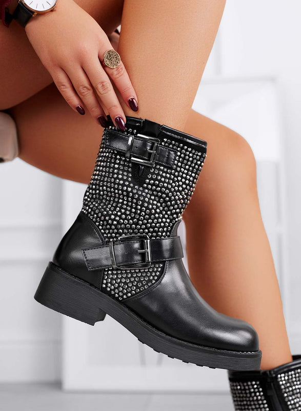 HERBY - Botines biker negros con strass grises y doble hebilla