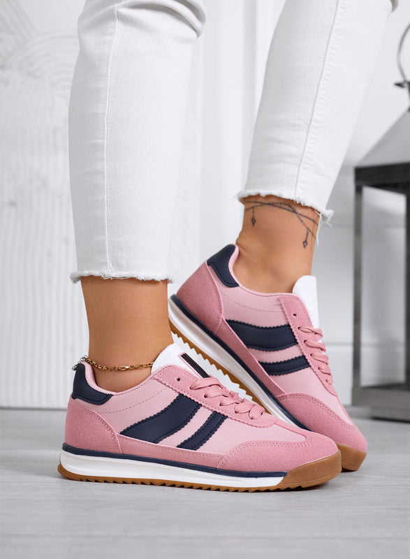 JUNO - Zapatillas rosas de tela con detalles azul marino y suela de goma
