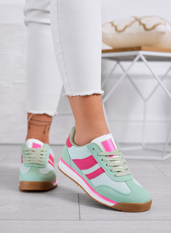 JUNO - Zapatillas verdes de tela con detalles fucsias y suela de goma
