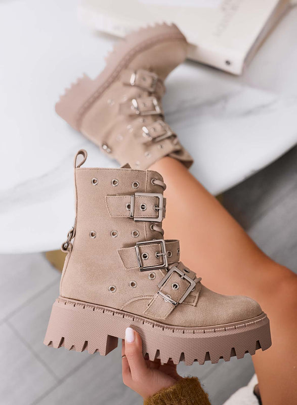 MIRIANA - Botines beige estilo anfibio de Alexoo con hebillas