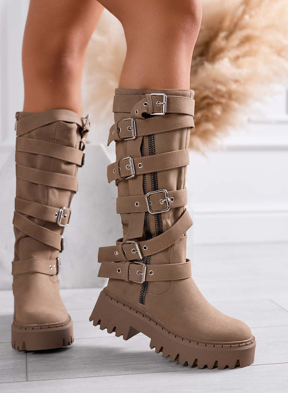 PEYTON - Botines de estilo biker en color fango con hebillas