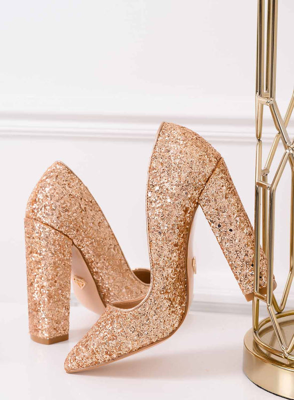 CAROLA - Zapatos de salón oro rosa con purpurina y tacón ancho