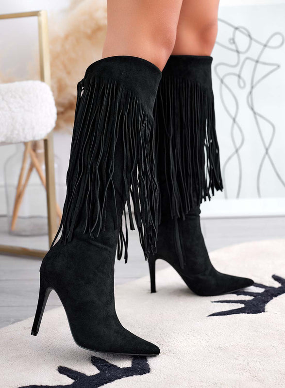 Black boots with fringes and high stiletto heel
