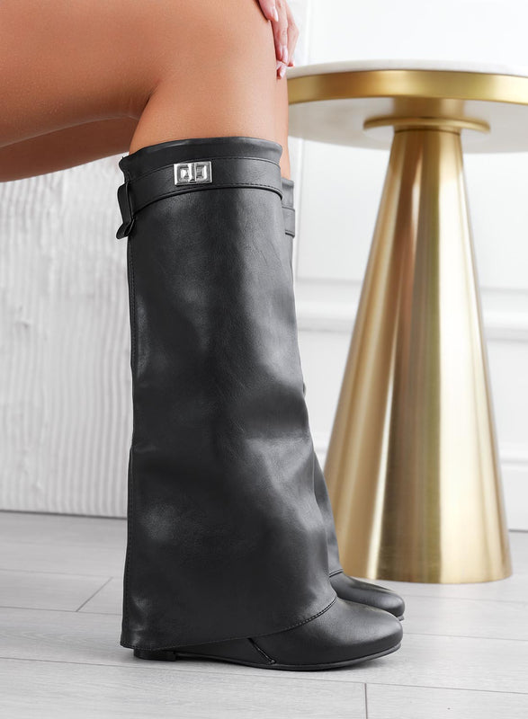 Bottes noires Alexoo en similicuir avec revers et semelle compensée