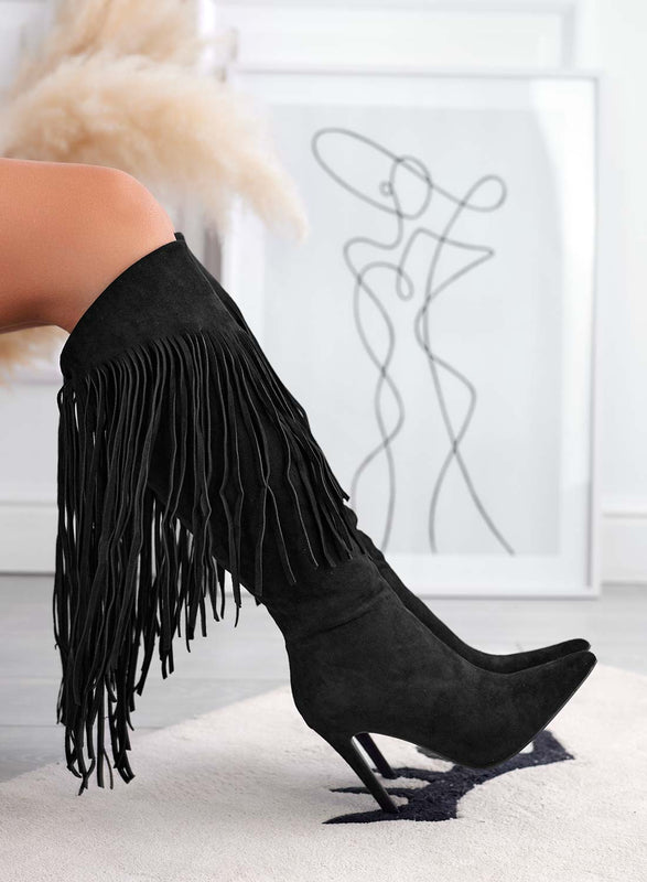 Black boots with fringes and high stiletto heel