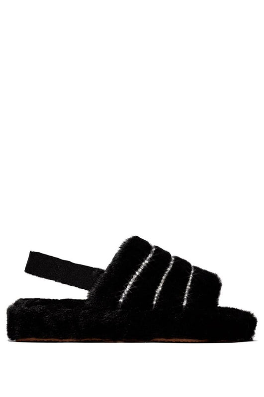 LEYLA - Pantuflas negras con pelo sintético pedrería y banda elástica