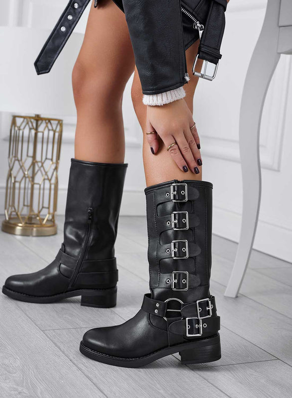 Black biker ankle boots with silver buckles