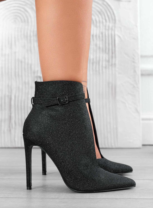 ADELAIDE - Tronchetti neri glitter con apertura laterale e tacco alto a spillo
