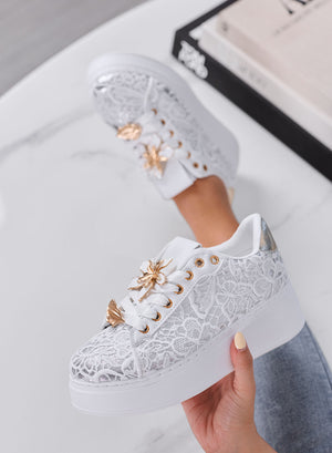 HOPE - Sneakers Donna Bianche in Pizzo con Applicazioni Floreali Oro