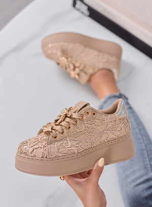 HOPE - Sneakers Fango con Ricami in Pizzo e applicazioni Floreali Oro