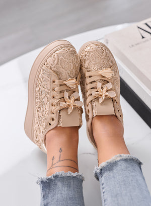 HOPE - Sneakers Fango con Ricami in Pizzo e applicazioni Floreali Oro