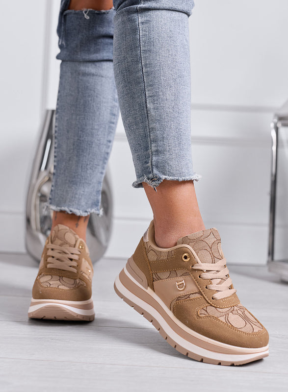 NINA - Sneakers Donna Platform Fango con Inserti Stampa Monogram