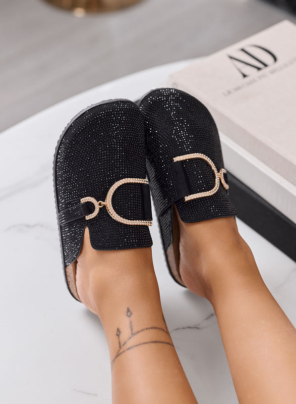 GINA - Ciabatte Sabot Donna Nere con Strass e Fibbia Gioiello